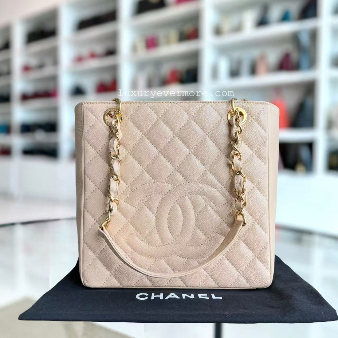 Chanel PST Petite Shopping Tote - Caviar Quilted Beige Gold