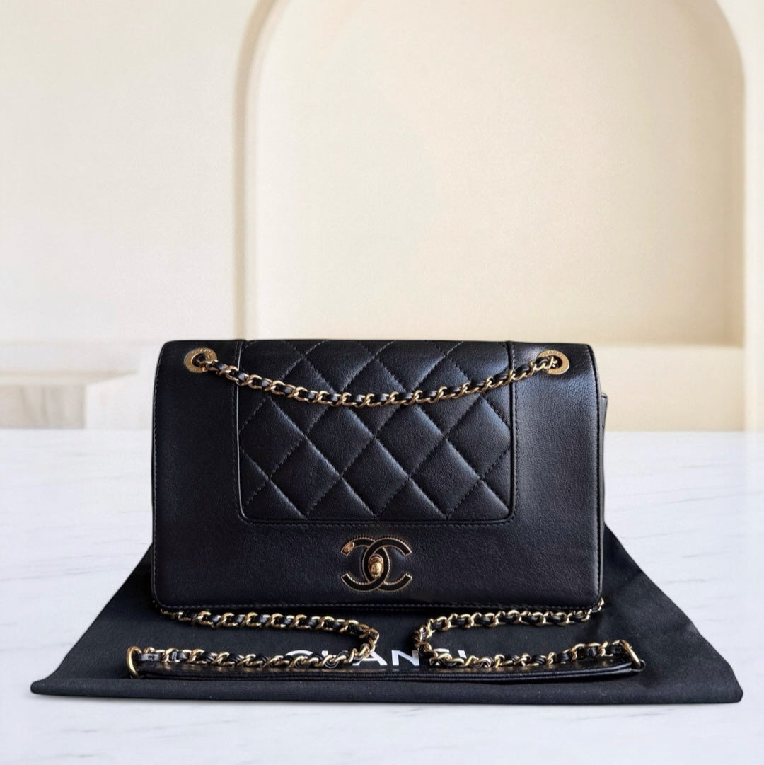 Chanel Seasonal Flap Mademoiselle  - Quilted Calfskin Black Gold Hardware Series 23