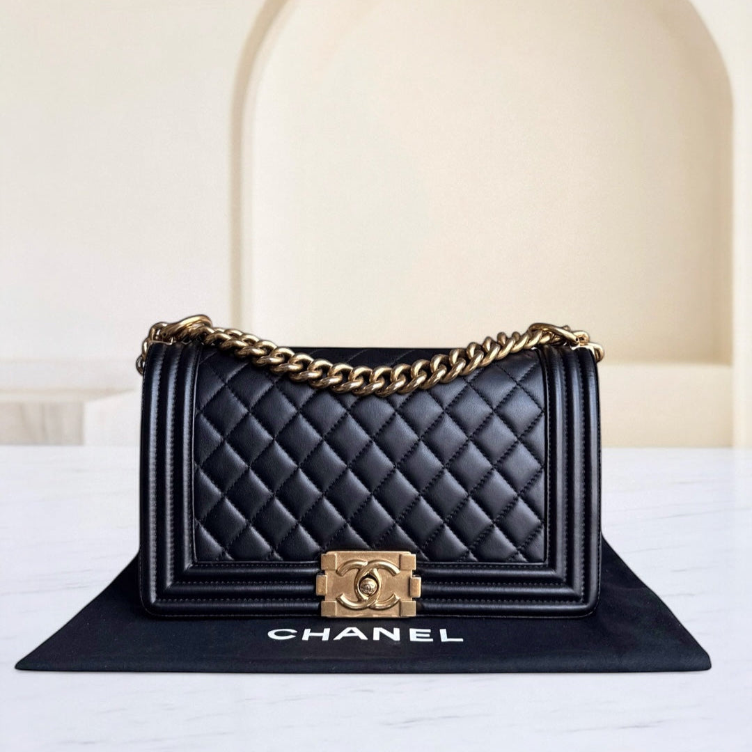Chanel Boy Medium - 25CM Quilted Lambskin Black Gold Hardware Series 18