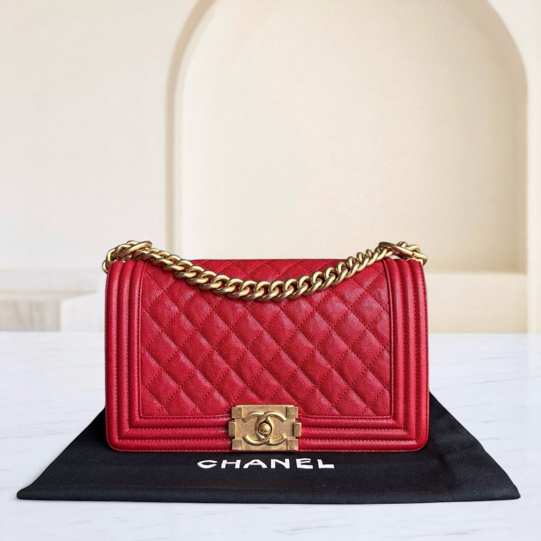 Chanel Boy Medium - Caviar 25CM Quilted Grained Calfskin Red Gold Hardware Series 26