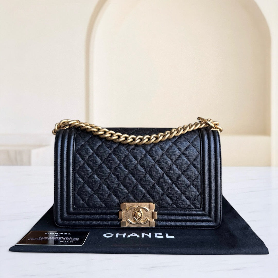 Chanel Boy Medium - Caviar 25CM Quilted Grained Calfskin Black Gold Hardware Series 24