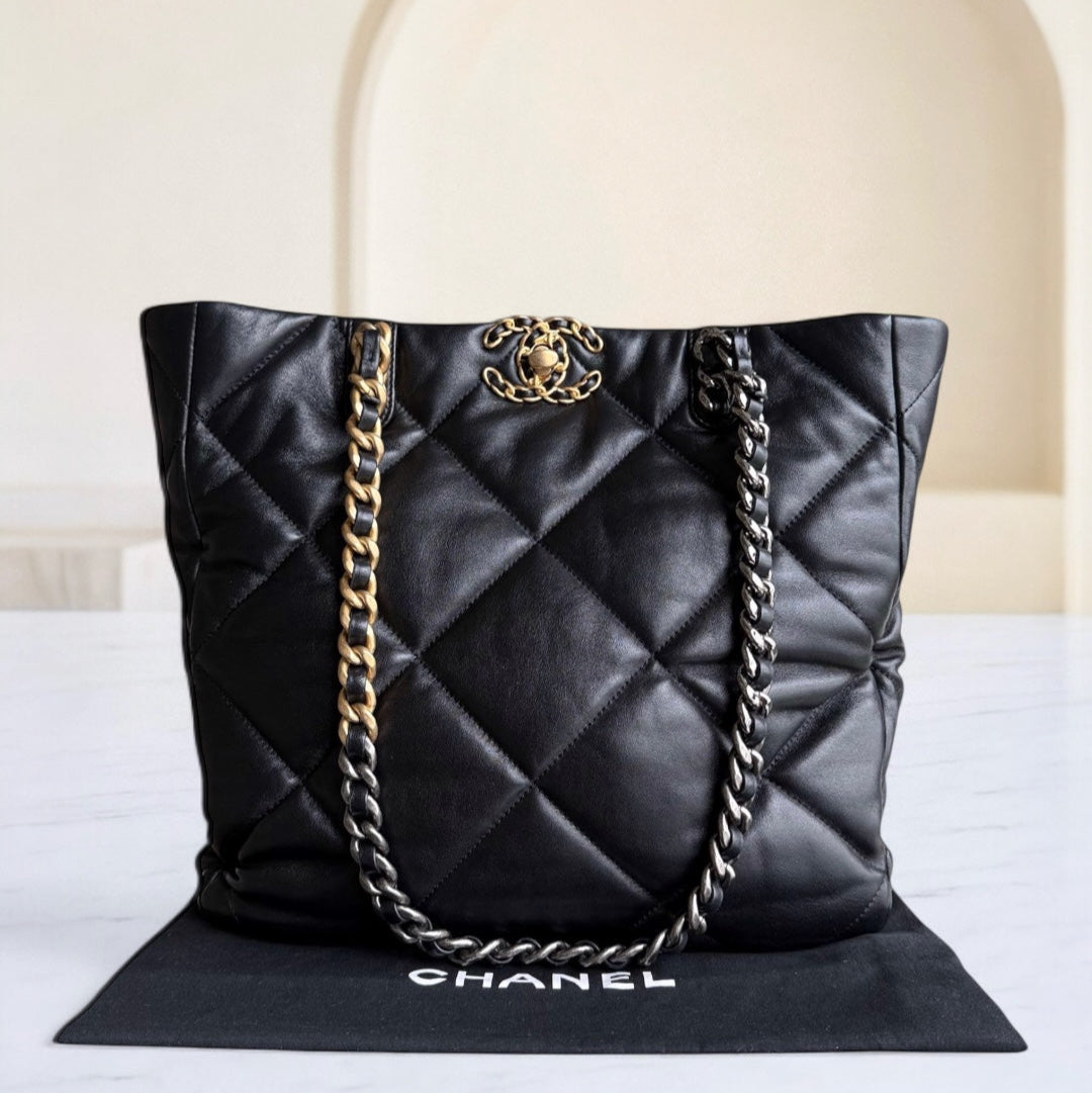 Chanel 19 Shopping Bag - Quilted Goatskin Black Gold Hardware Microchip