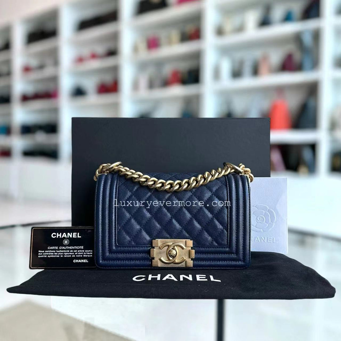 Chanel Boy Small - Caviar Quilted Grained Calfskin Dark Blue Golden Hardware Series 26