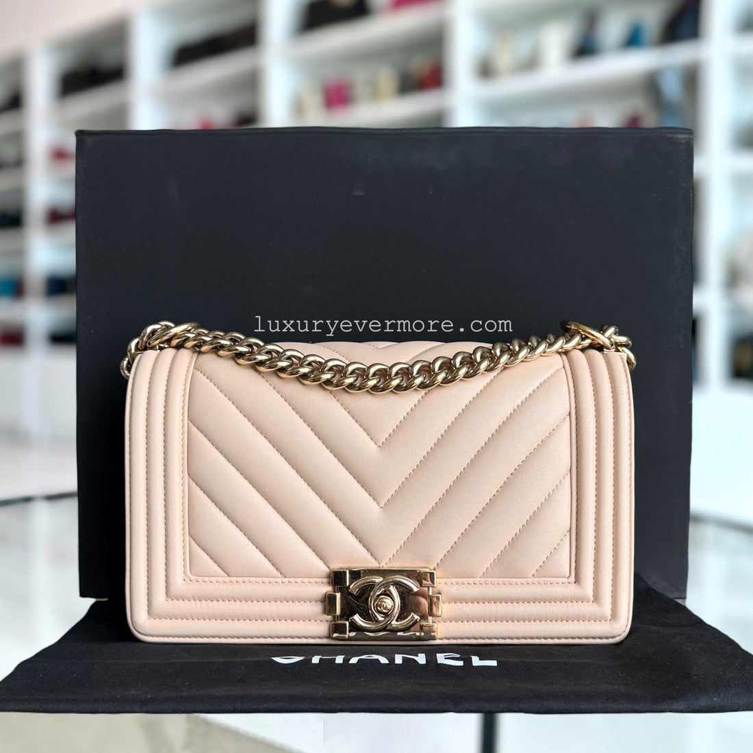 Chanel Boy Medium - 25CM Chevron Calfskin Beige Gold Hardware Series 23