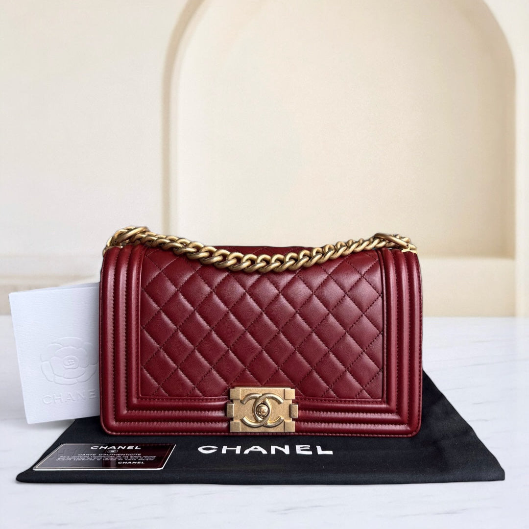 Chanel Boy Medium - 25CM Quilted Lambskin Dark Red Burgundy Gold Hardware Series 24