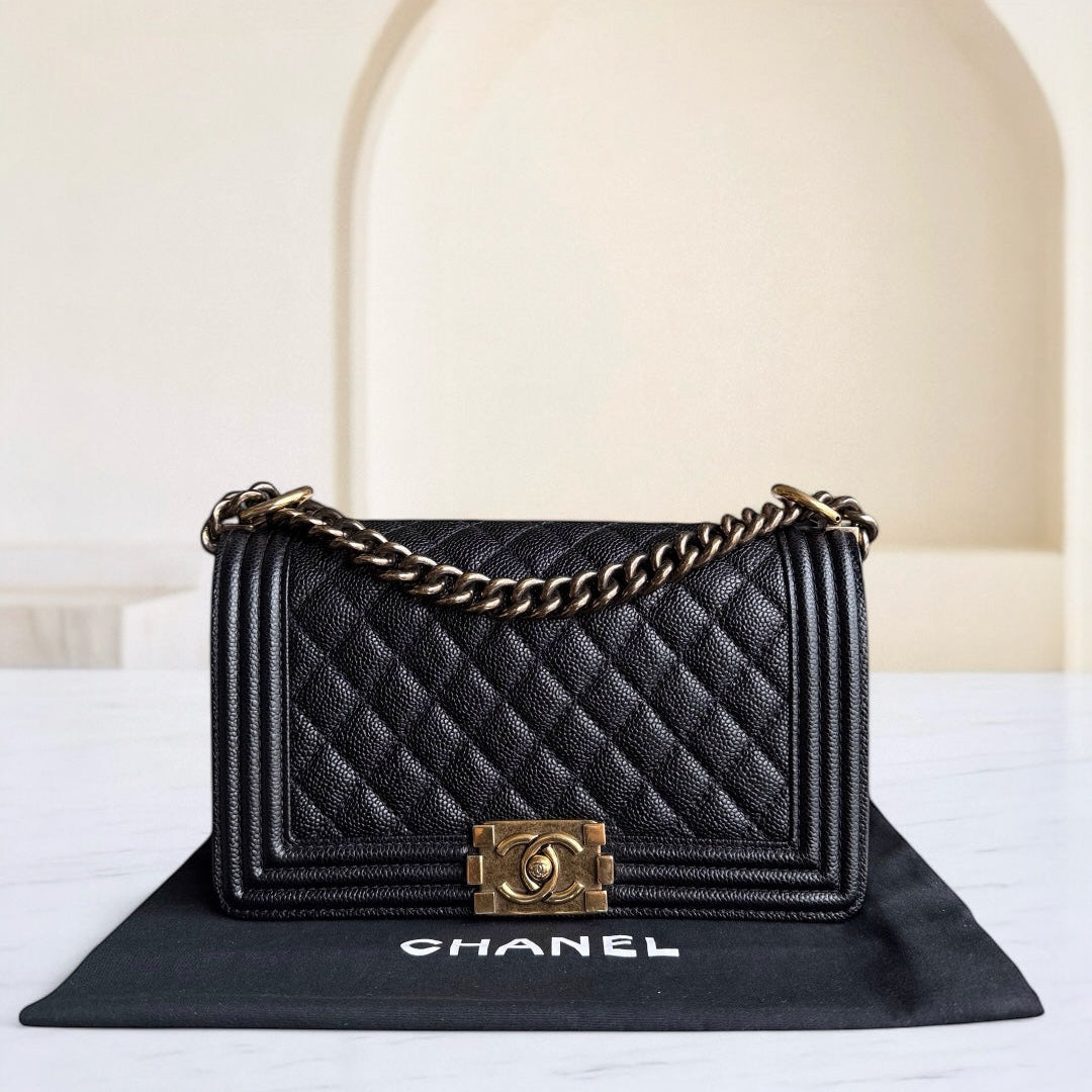 Chanel Boy Medium - Caviar 25CM Quilted Grained Calfskin Black Gold Hardware Series 20