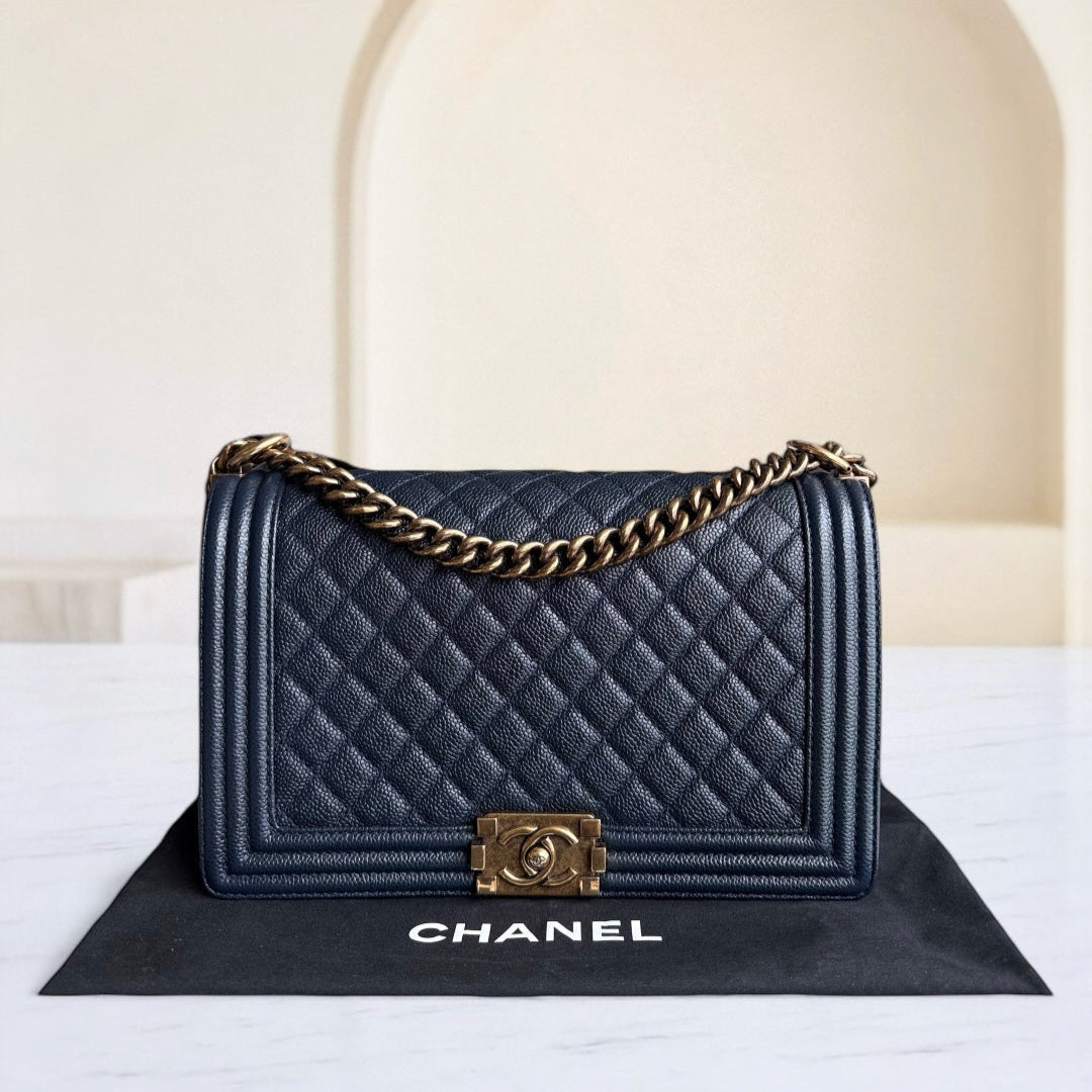 Chanel Boy New Medium - 28CM Caviar Quilted Grained Calfskin Dark Navy Blue Ruthenium Gold Hardware