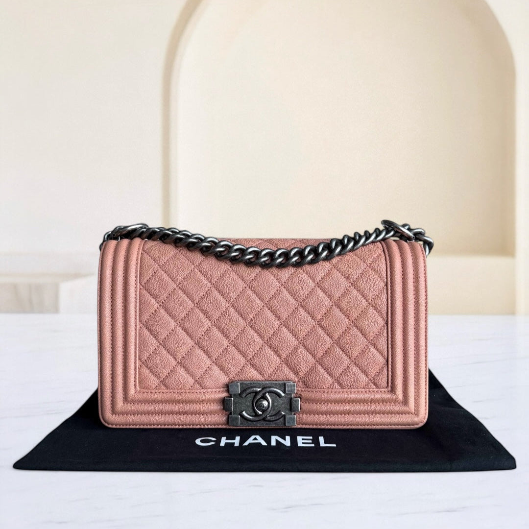 Chanel Boy Medium - Caviar 25CM Quilted Grained Calfskin Nude Blush Caramel Ruthenium Silver Hardware Series 26