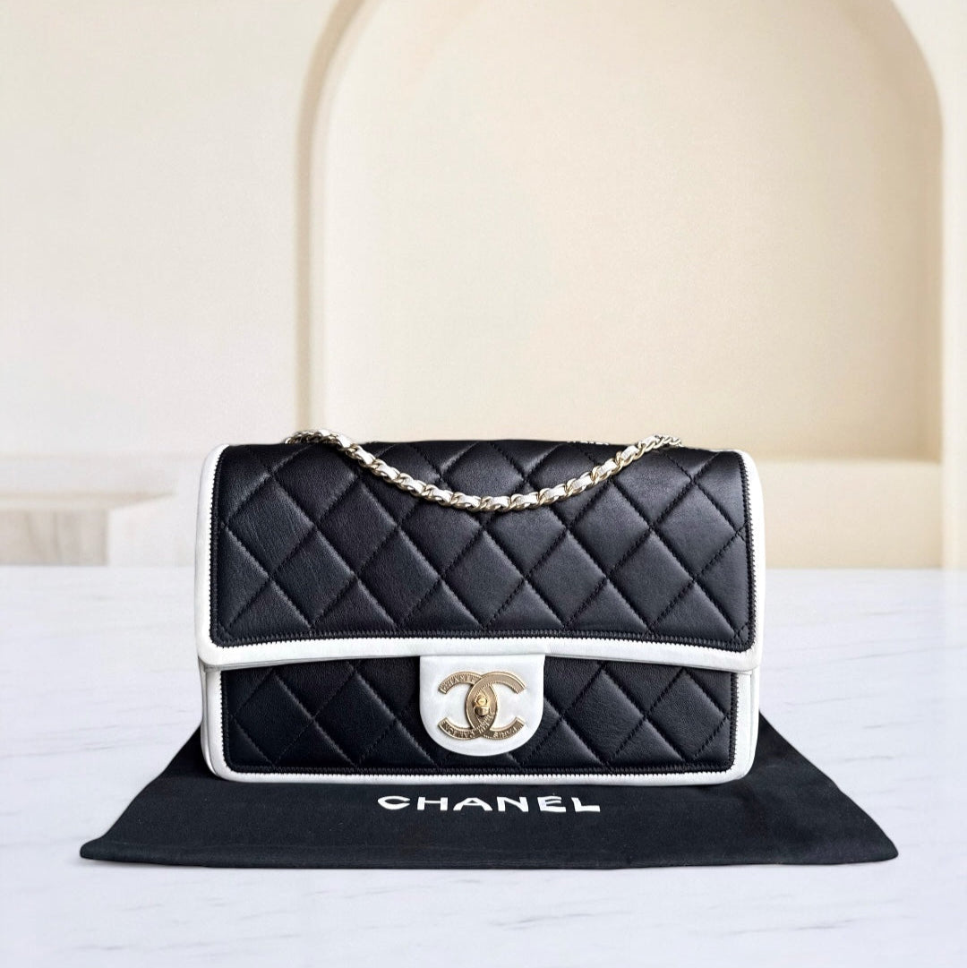 Chanel Seasonal Flap - Medium Graphic Quilted Lambskin Bi-Color Black Gold Hardware