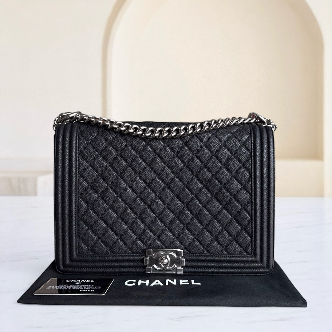 Chanel Boy Large - Caviar Quilted Grained Calfskin Black Silver Hardware Series 17