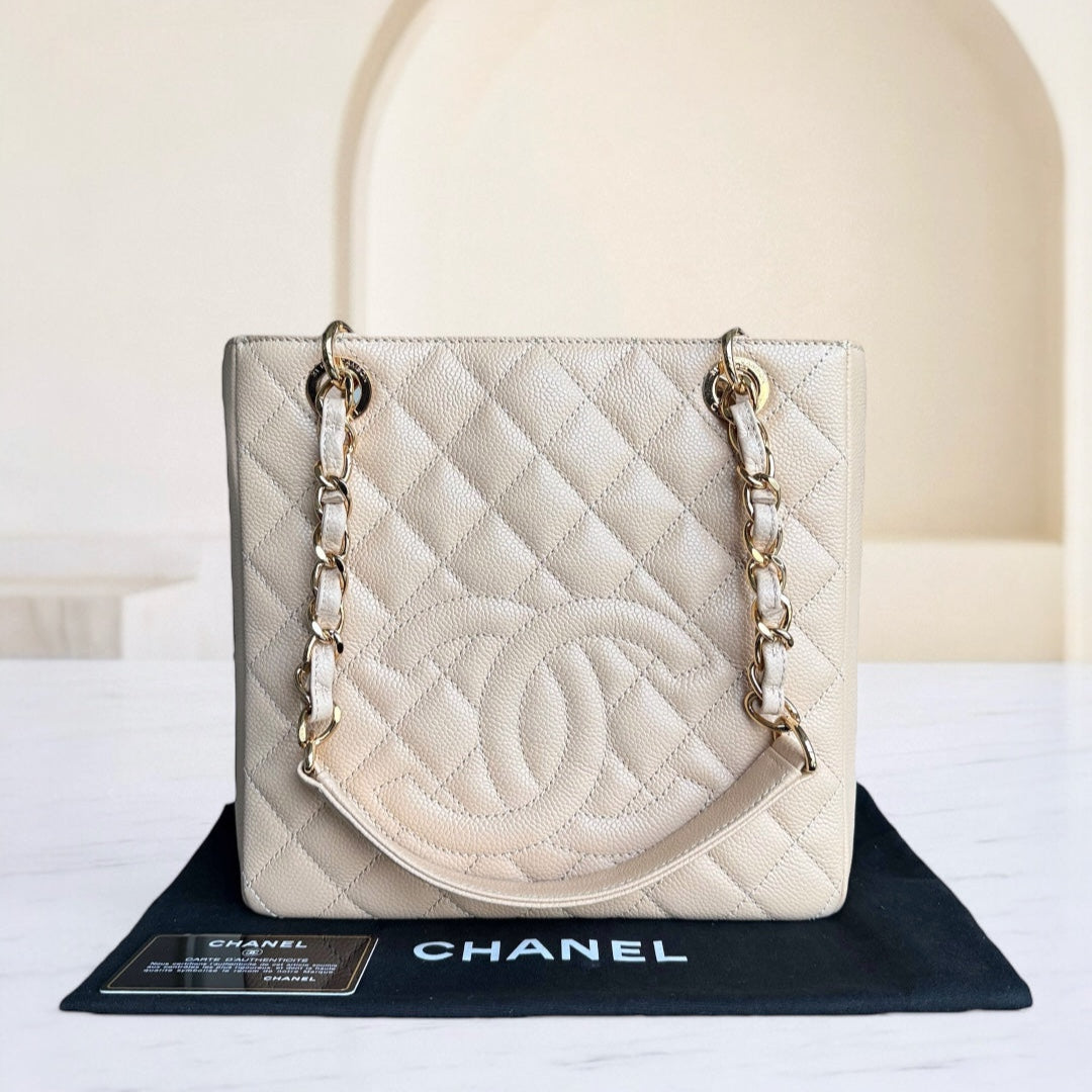 Chanel PST Petite Shopping Tote - Caviar Quilted Grained Calfskin Beige Gold Hardware Series 15