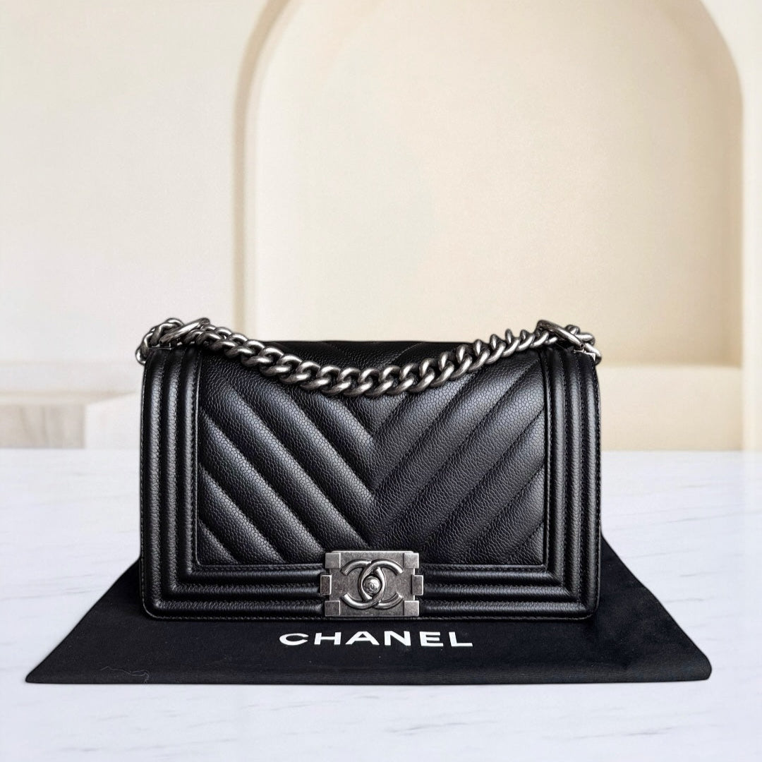 Chanel Boy Medium - Caviar 25CM Grained Calfskin Chevron Black Ruthenium Silver Hardware Series 28
