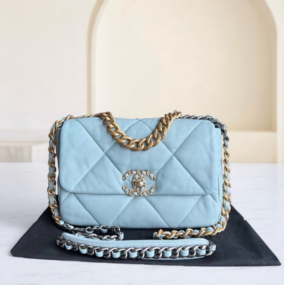 Chanel 19 Bag Small - Quilted Goatskin Light Blue Two-tone Gold Hardware Microchip