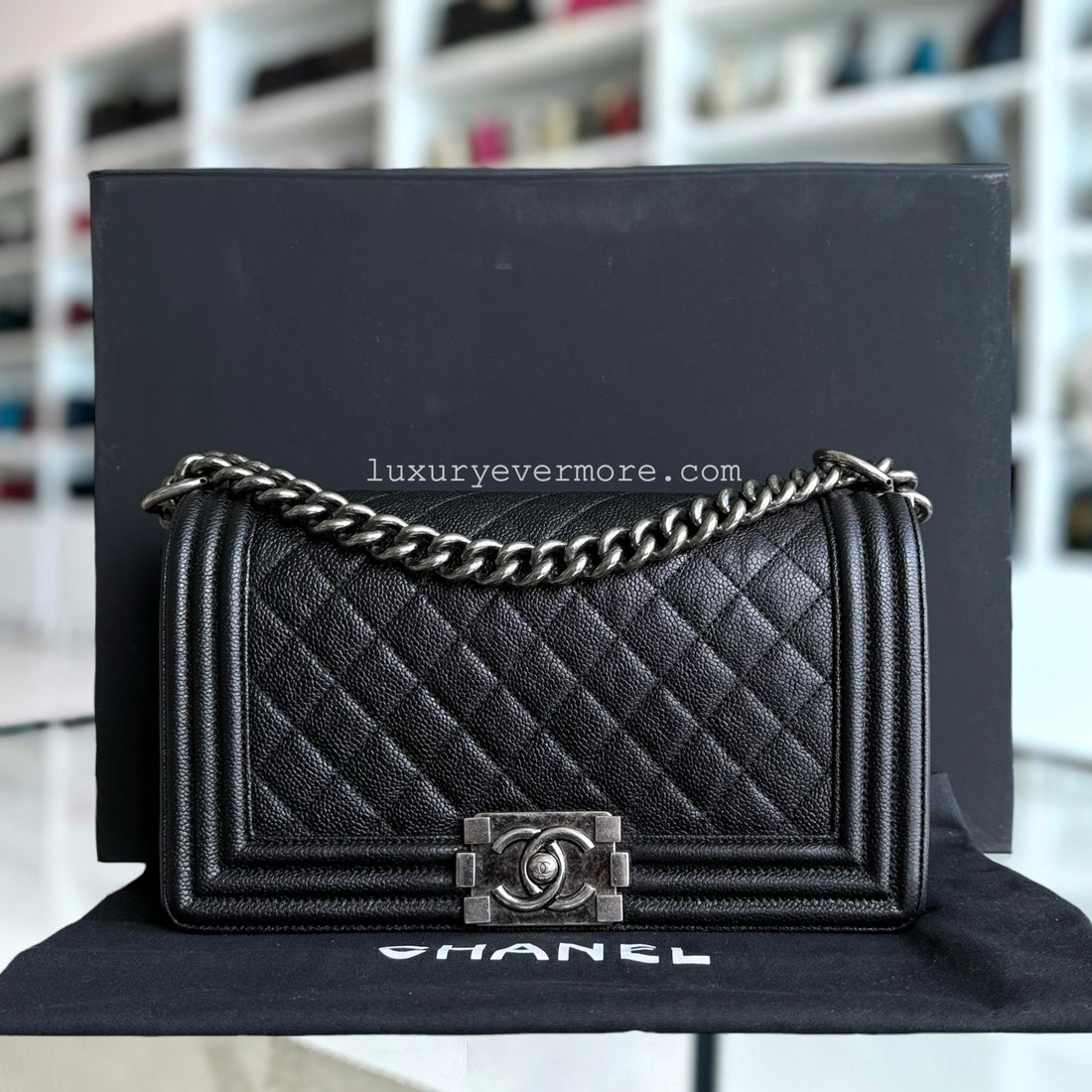Chanel Boy Medium - Caviar 25CM Quilted Black Ruthenium Silver Hardware Series 23