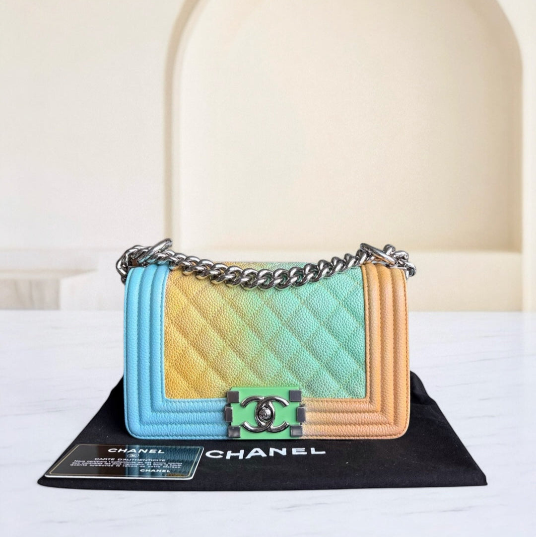 Chanel Boy Small - Caviar Quilted Grained Calfskin Rainbow Limited Edition Silver Hardware Series 23