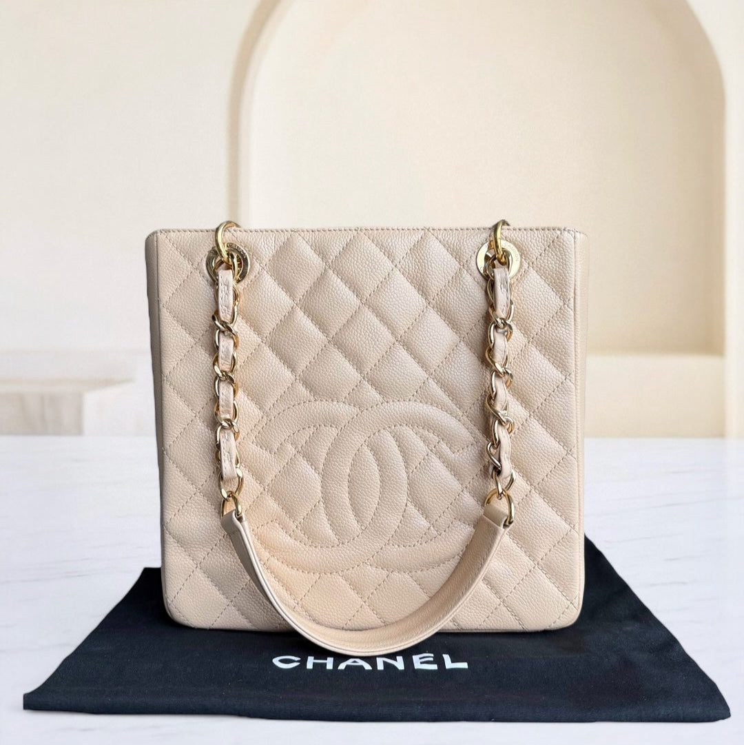 Chanel PST Petite Shopping Tote - Caviar Quilted Beige Gold Hardware Series 15