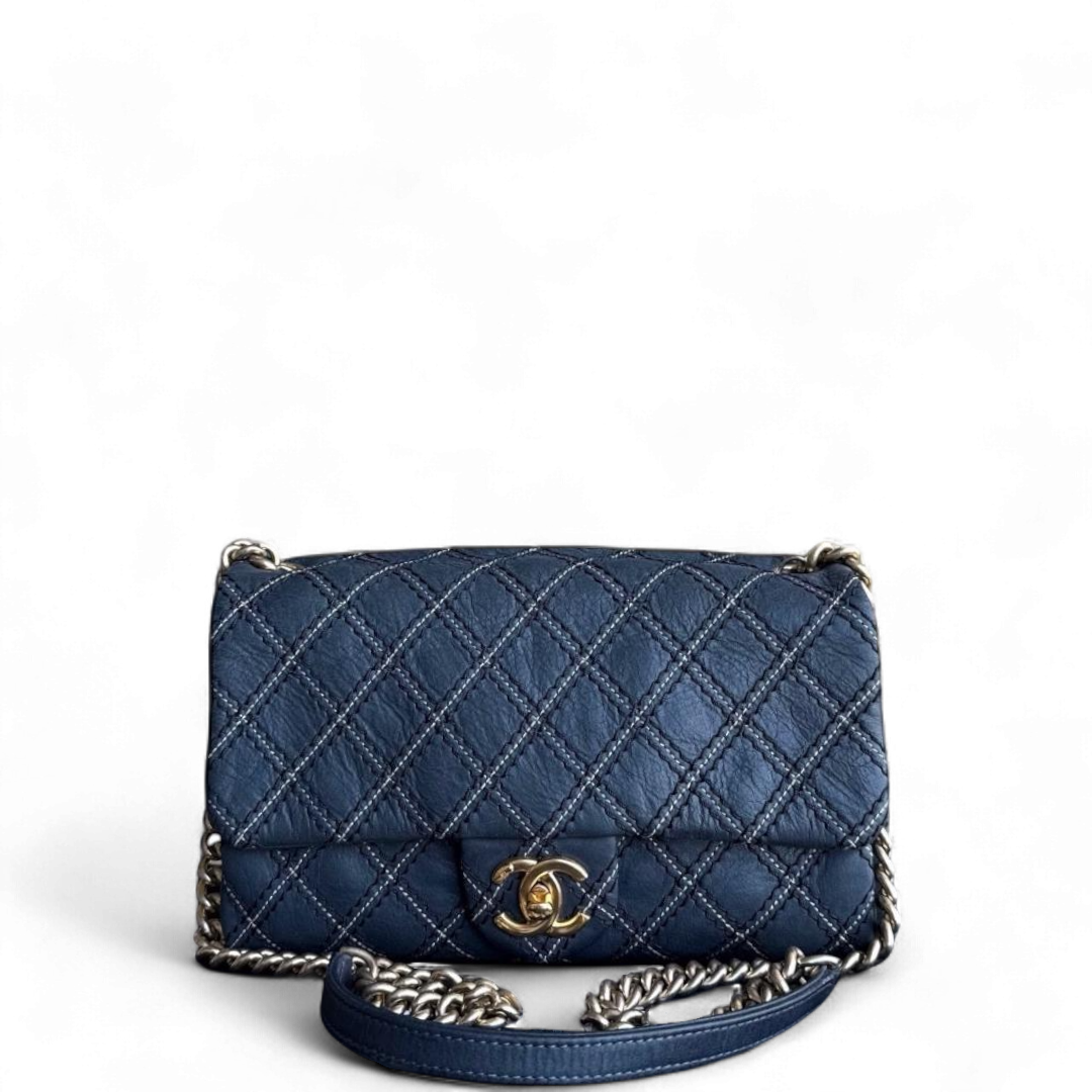 Chanel Seasonal Flap - Quilted Wild Stitch CalfskinDark Navy Blue Gold Hardware Series 19