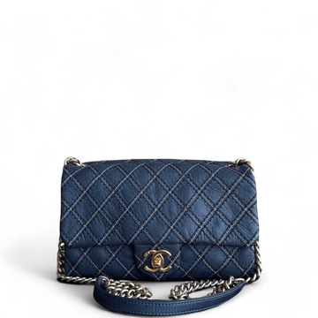 Chanel Seasonal Flap - Quilted Wild Stitch CalfskinDark Navy Blue Gold Hardware Series 19