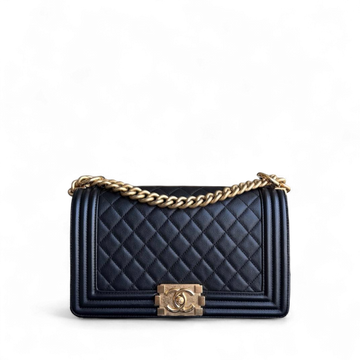 Chanel Boy Medium - Caviar 25CM Quilted Grained Calfskin Black Gold Hardware Series 24