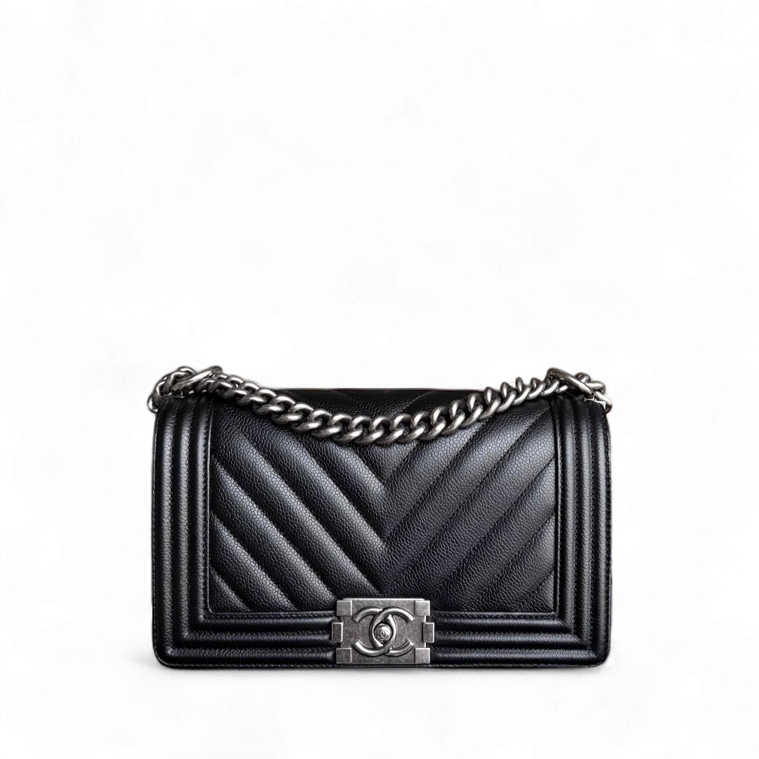 Chanel Boy Medium - Caviar 25CM Grained Calfskin Chevron Black Ruthenium Silver Hardware Series 28