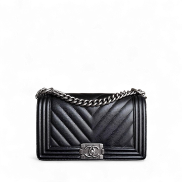 Chanel Boy Medium - Caviar 25CM Grained Calfskin Chevron Black Ruthenium Silver Hardware Series 28