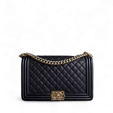 Chanel Boy New Medium - Caviar 28CM Quilted Grained Calfskin Black Gold Hardware Series 23