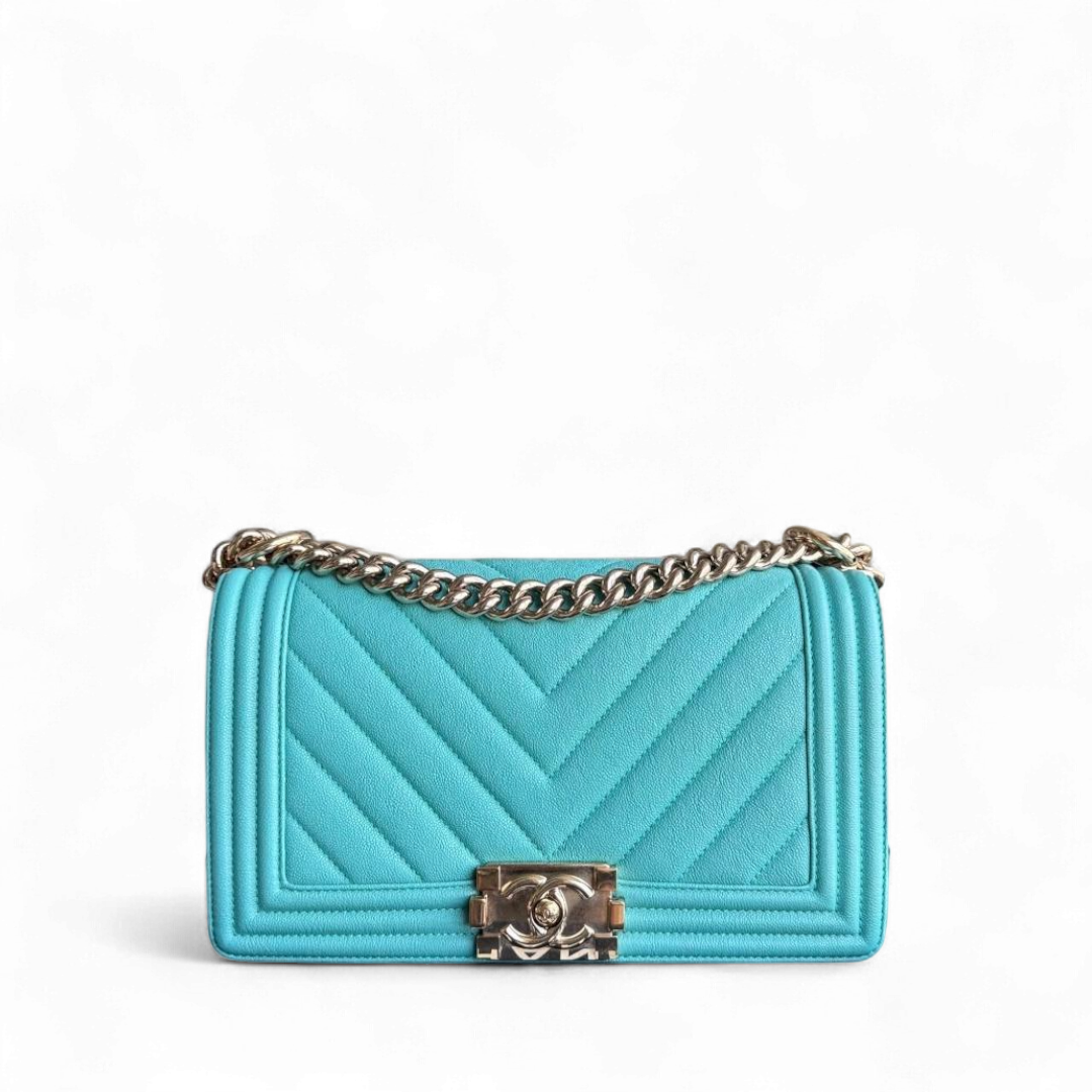 Chanel Boy Medium - 25CM Chevron Cyan Blue Gold Hardware Series 27