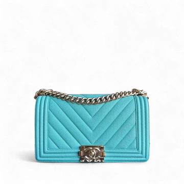 Chanel Boy Medium - 25CM Chevron Cyan Blue Gold Hardware Series 27