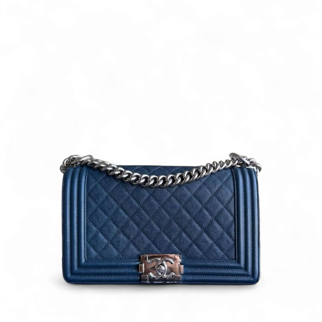 Chanel Boy Medium - Caviar 25CM Quilted Grained Calfskin Blue Silver Hardware Series 28