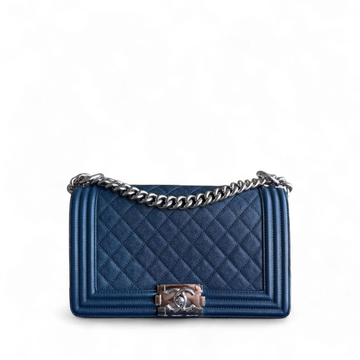 Chanel Boy Medium - Caviar 25CM Quilted Grained Calfskin Blue Silver Hardware Series 28