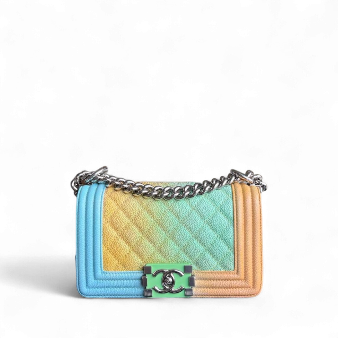 Chanel Boy Small - Caviar Quilted Grained Calfskin Rainbow Limited Edition Silver Hardware Series 23