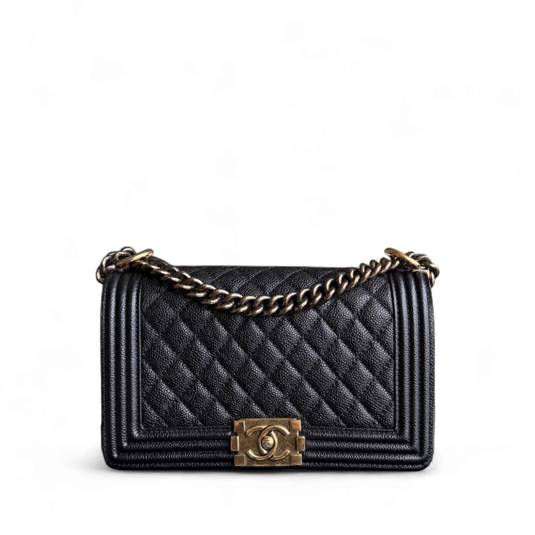 Chanel Boy Medium - Caviar 25CM Quilted Grained Calfskin Black Gold Hardware Series 20