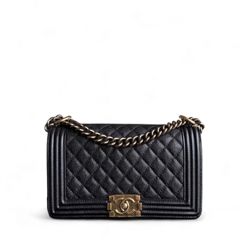 Chanel Boy Medium - Caviar 25CM Quilted Grained Calfskin Black Gold Hardware Series 20