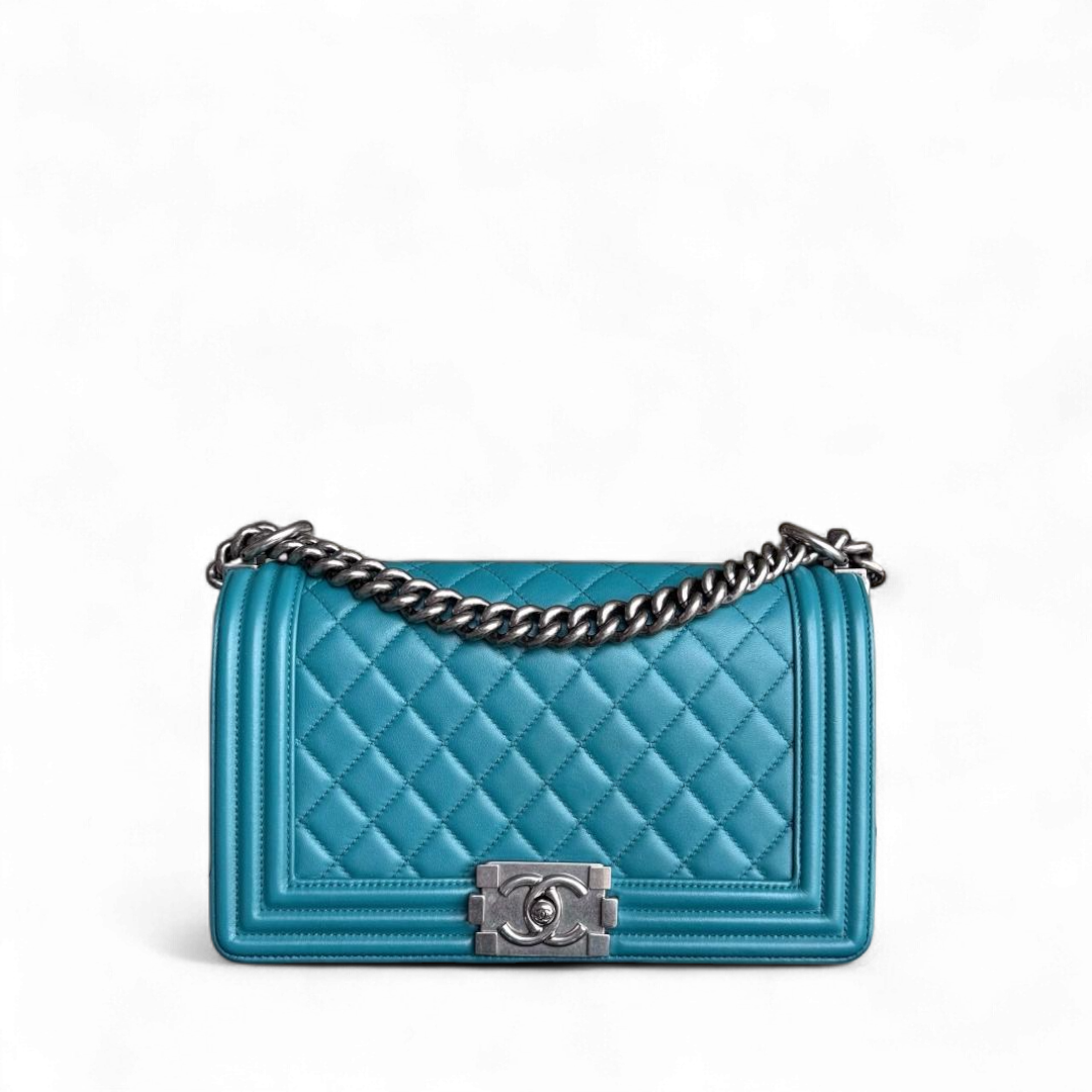 Chanel Boy Medium - 25CM Quilted Lambskin Blue Ruthenium Silver Hardware Series 19