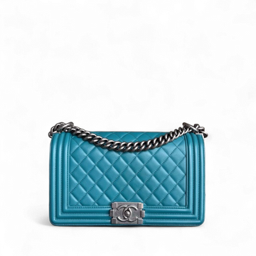 Chanel Boy Medium - 25CM Quilted Lambskin Blue Ruthenium Silver Hardware Series 19