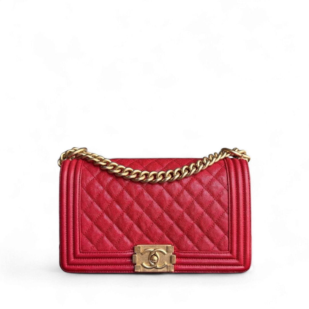 Chanel Boy Medium - Caviar 25CM Quilted Grained Calfskin Red Gold Hardware Series 26