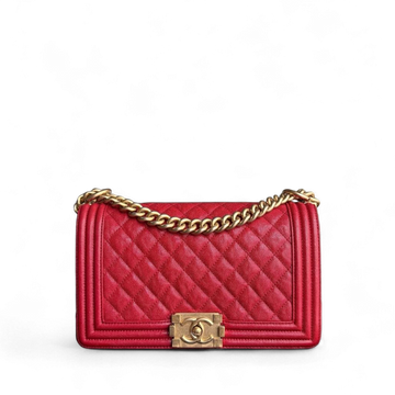 Chanel Boy Medium - Caviar 25CM Quilted Grained Calfskin Red Gold Hardware Series 26