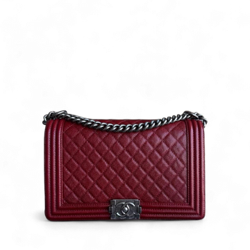 Chanel Boy Medium - 28CM Caviar Quilted Grained Calfskin Burgundy Dark Red Silver Hardware Series 19