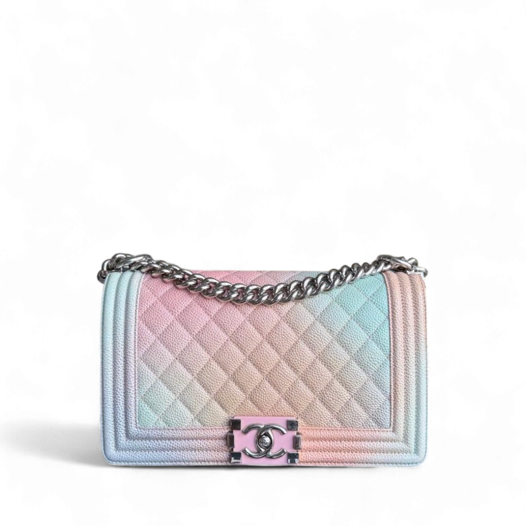 Chanel Boy Medium - 25CM Quilted Grained Calfskin Rainbow Limited Edition Silver Hardware Series 25