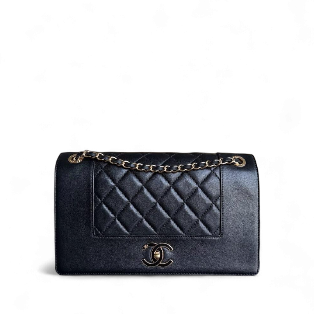Chanel Seasonal Flap Mademoiselle - 28CM Quilted Lambskin Black Gold Hardware Series 23
