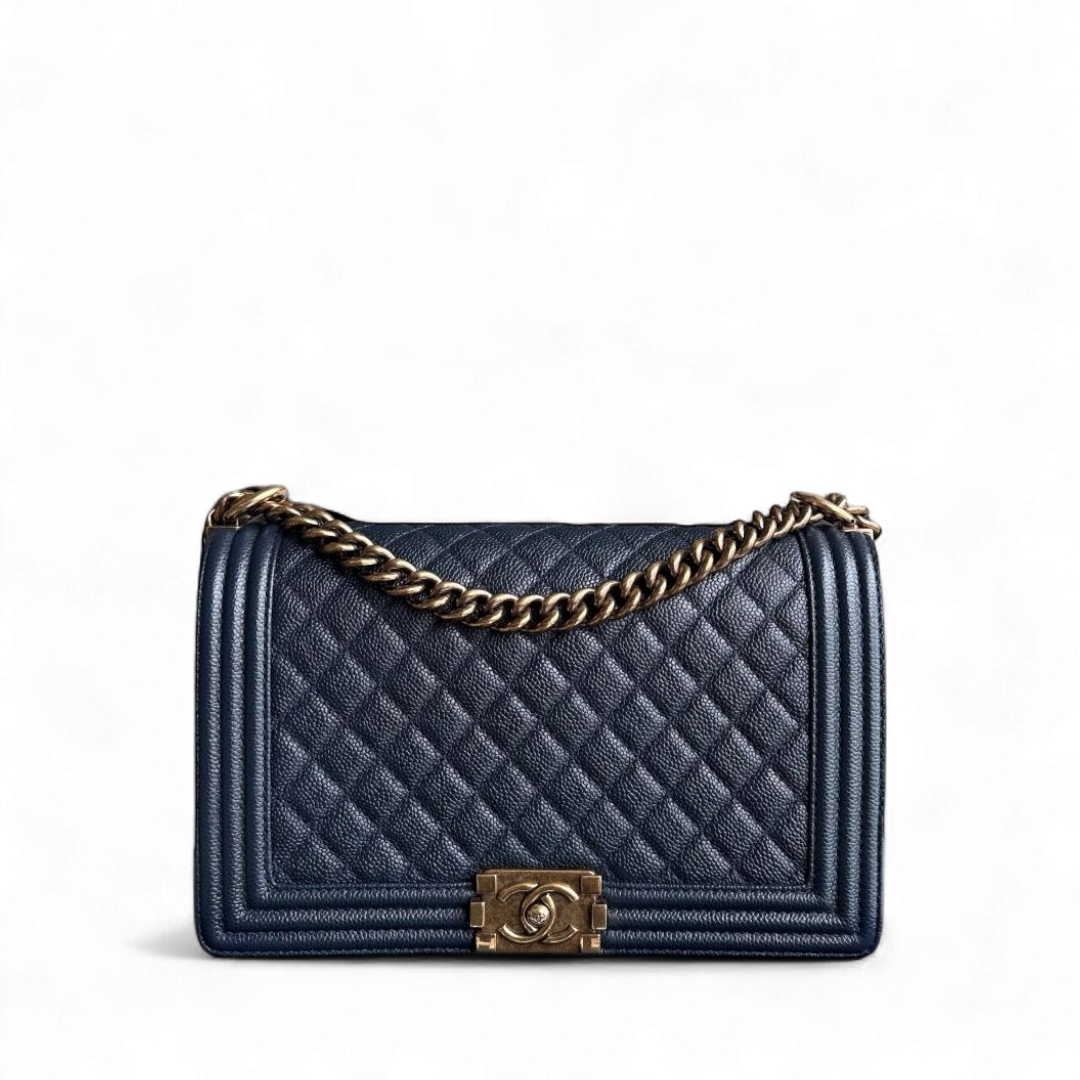 Chanel Boy New Medium - 28CM Caviar Quilted Grained Calfskin Dark Navy Blue Ruthenium Gold Hardware