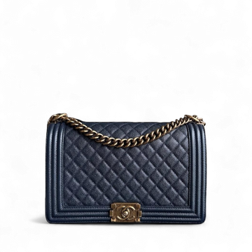 Chanel Boy New Medium - 28CM Caviar Quilted Grained Calfskin Dark Navy Blue Ruthenium Gold Hardware