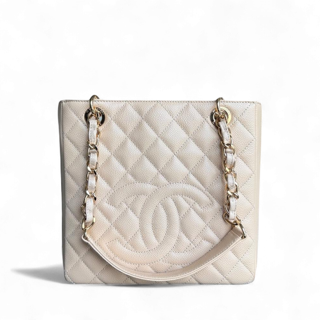 Chanel PST Petite Shopping Tote - Caviar Quilted Grained Calfskin Beige Gold Hardware Series 15