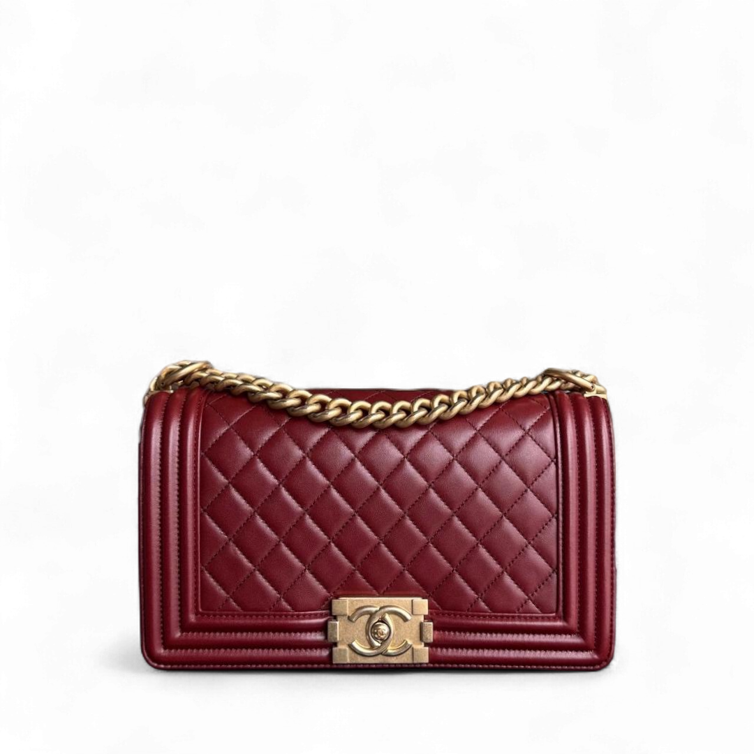 Chanel Boy Medium - 25CM Quilted Lambskin Dark Red Burgundy Gold Hardware Series 24