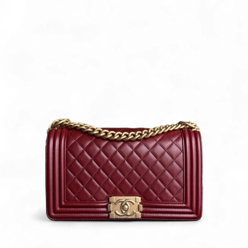Chanel Boy Medium - 25CM Quilted Lambskin Dark Red Burgundy Gold Hardware Series 24