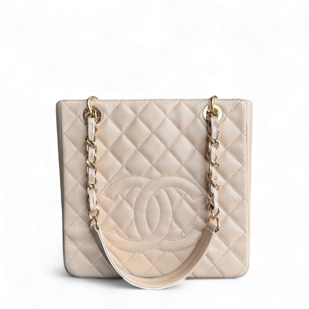 Chanel PST Petite Shopping Tote - Caviar Quilted Beige Gold Hardware Series 15