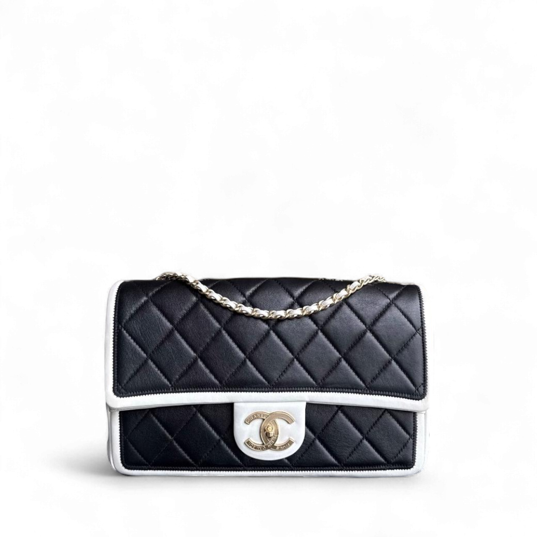 Chanel Seasonal Flap - Medium Graphic Quilted Lambskin Bi-Color Black Gold Hardware