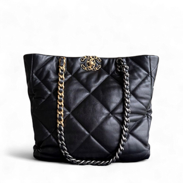 Chanel 19 Shopping Bag - Quilted Goatskin Black Gold Hardware Microchip