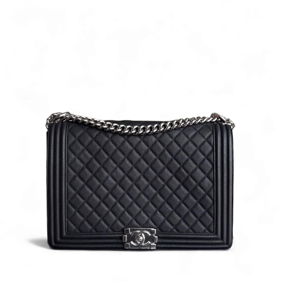 Chanel Boy Large - Caviar Quilted Grained Calfskin Black Silver Hardware Series 17