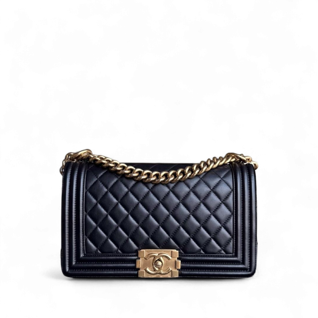 Chanel Boy Medium - 25CM Quilted Lambskin Black Gold Hardware Series 18
